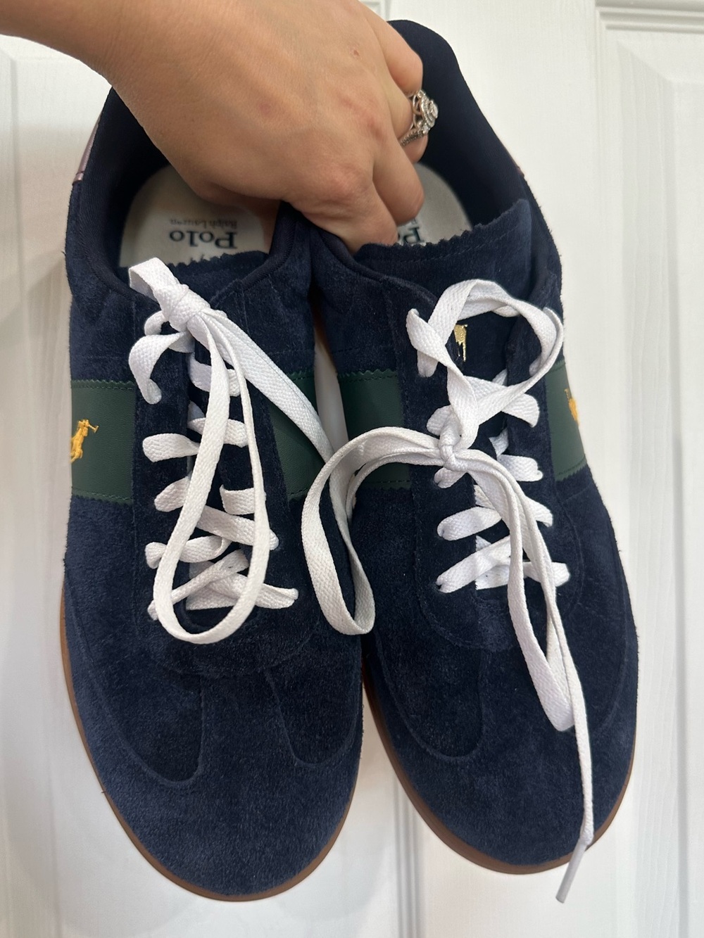 Polo by Ralph Lauren Navy Suede Sneaker with Green Panel & Yellow Logo - Picture 6 of 9